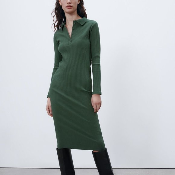 ZARA • Brown Ribbed Polo Midi Dress - Picture 3 of 6
